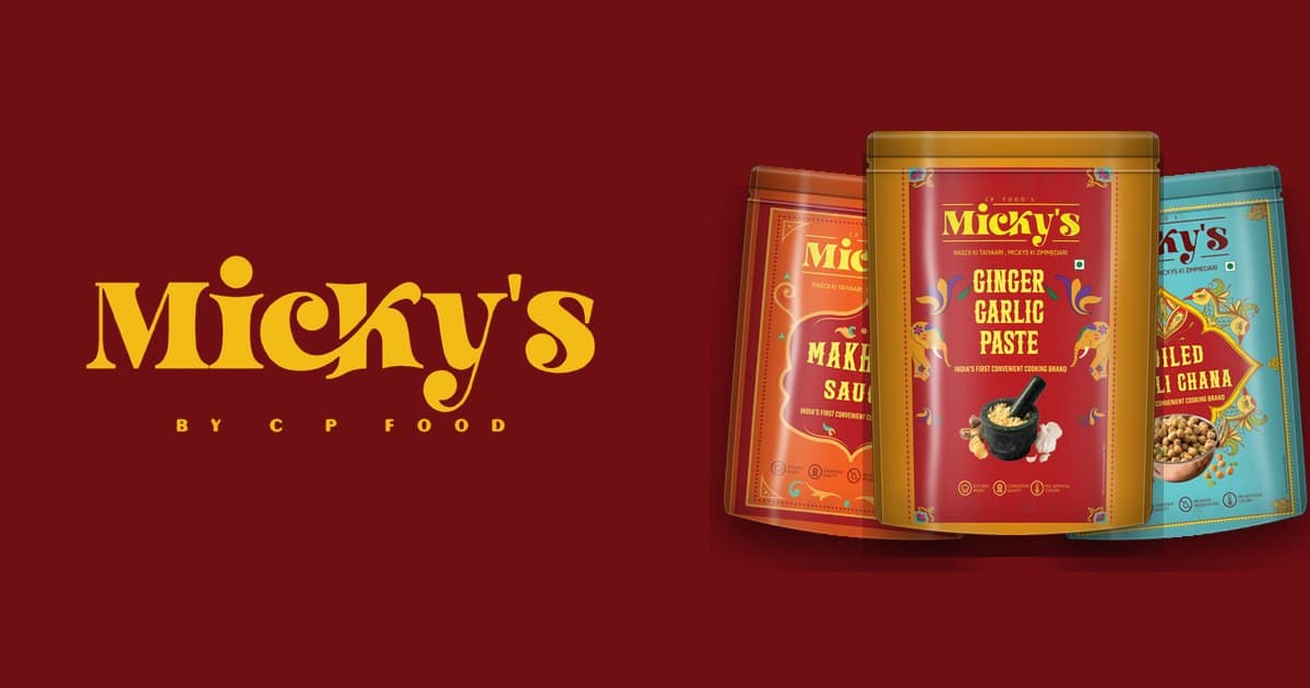 Micky’s by CP Food logo beside packs of makhani sauce, ginger garlic paste and boiled kala chana.